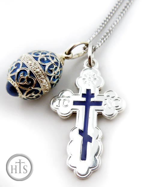 Product Pic - Set of  Sterling Silver  Cross With Blue Enamel, Egg Pendant & Chain