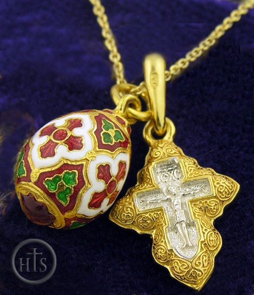 HolyTrinityStore Image - Set of  Sterling Silver Gold Plated Cross, Egg Pendant & Chain
