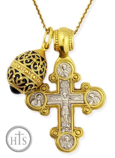 Product Picture - Set of  Sterling Silver Gold Plated Cross, Egg Pendant & Chain