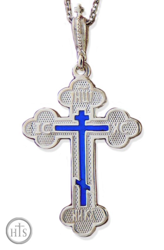 Photo - Sterling Silver Three Barred Orthodox  Cross with Blue Enamel 