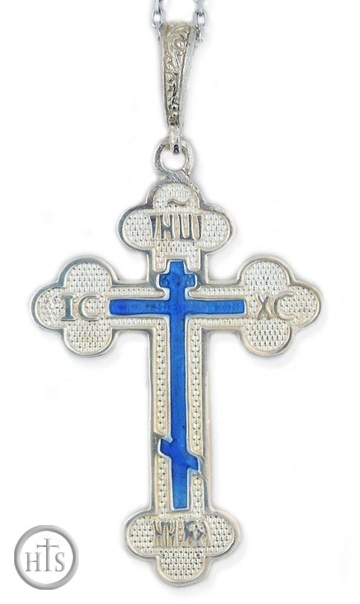 Picture - Sterling Silver Three Barred Orthodox  Cross with Blue Enamel 