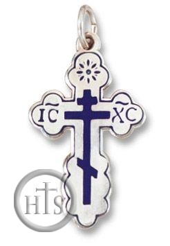 HolyTrinityStore Image - Sterling Silver Three Barred Orthodox  Cross with Dark Blue Enamel 