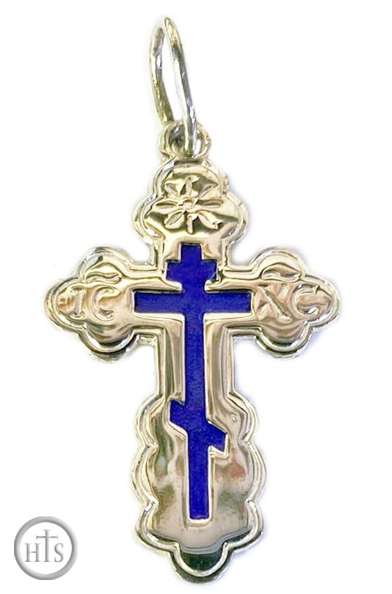 Product Photo - Sterling Silver Orthodox  Cross with Dark Blue Enamel 