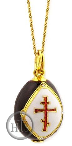 Product Pic - Egg Pendant with Three Barred Cross, Sterling Silver 925, Gold Plated, Black