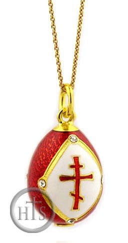 Product Photo - Egg Pendant with Three Barred Cross, Sterling Silver 925, Gold Plated, Red
