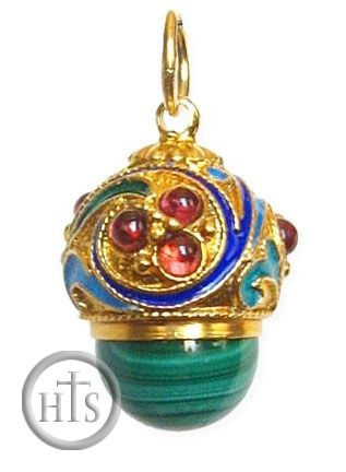 Image - Egg Pendant with Malachite, Russian Filigree Design, Silver, Gold Plated