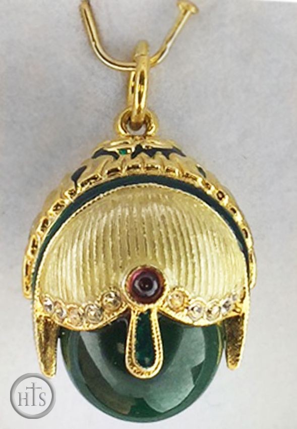 Pic - Egg Pendant with Malachite, Faberge Style, Silver 925, Gold Plated 