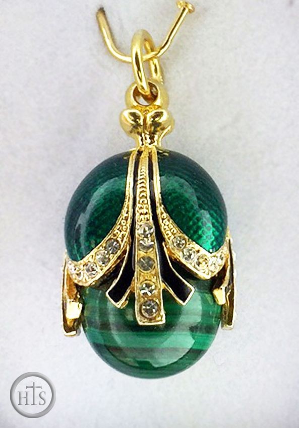 HolyTrinityStore Photo - Egg Pendant with Malachite, Faberge Style, Silver 925, Gold Plated 