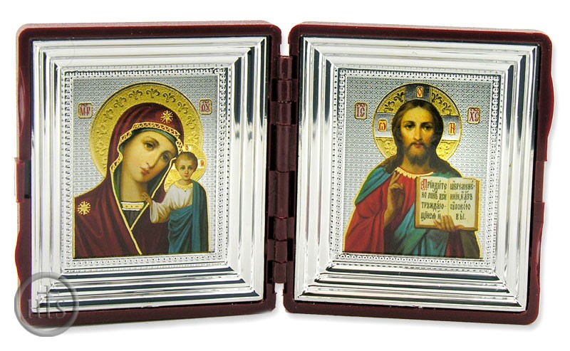 HolyTrinityStore Picture - Christ The Teacher and Virgin of Kazan,  Silver Frame Traveling Icon Set