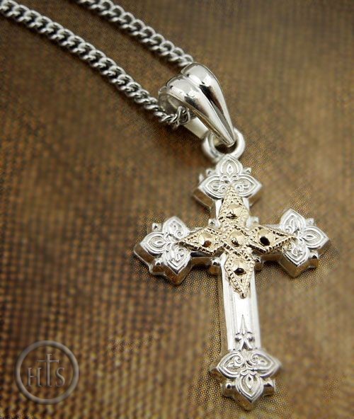 Product Pic - Two Tone Sterling Silver Cross  with 14kt Gold Accent  Centerpiece