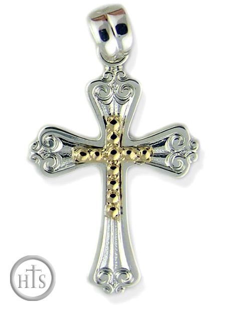 HolyTrinityStore Photo - Two Tone Sterling Silver Cross  with 14kt Gold Accent Cross Centerpiece