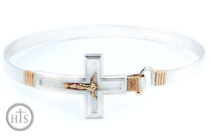 Picture - Sterling Silver Bracelet with 14KT Gold  Crucifix Bangle