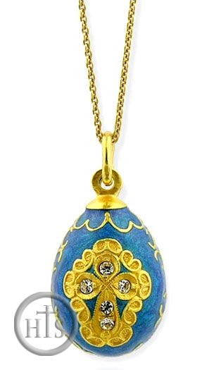 HolyTrinityStore Image - Enameled Egg Pendant, Sterling Silver, Gold Plated,  with Chain, Blue