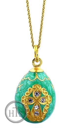 Photo - Enameled Egg Pendant, Sterling Silver, Gold Plated,  with Chain, Green