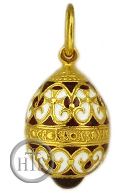 Pic - Tiny  Enameled Egg Pendant, Sterling Silver,  Gold Plated,   Red/White