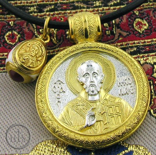 Product Image - Set of  St Nicholas Gold Plated Reversible Medal, Egg Pendant &   Chain