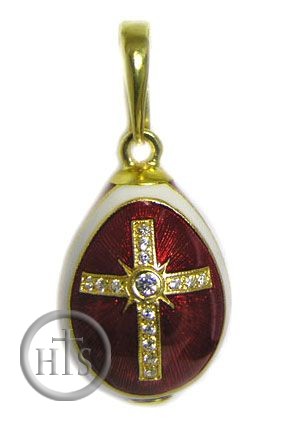 HolyTrinityStore Picture - Sterling Silver Enameled Gold Plated Pendant Egg with Cross, Red