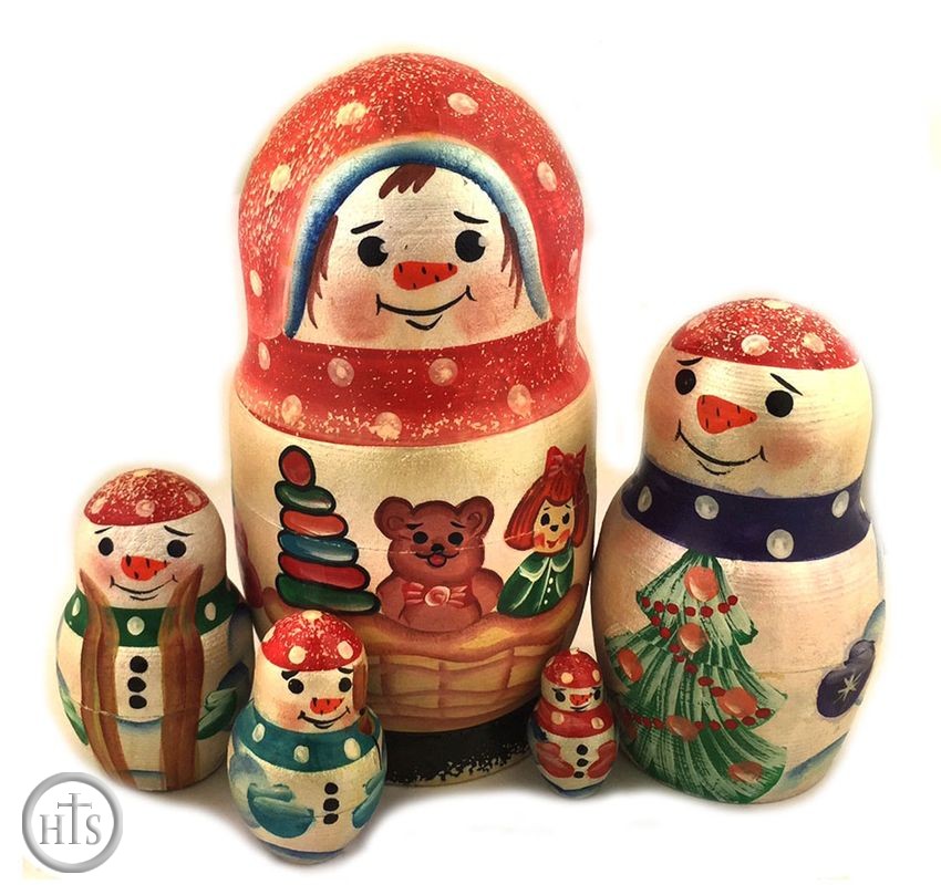 HolyTrinity Pic - Snowman, 5 Nesting Doll, Hand Carved, Hand Painted