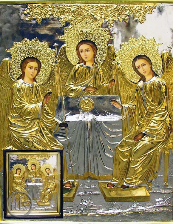 HolyTrinity Pic - The Holy Trinity, Hand Painted, Gold Riza Icon in Wood Kiot with Glass