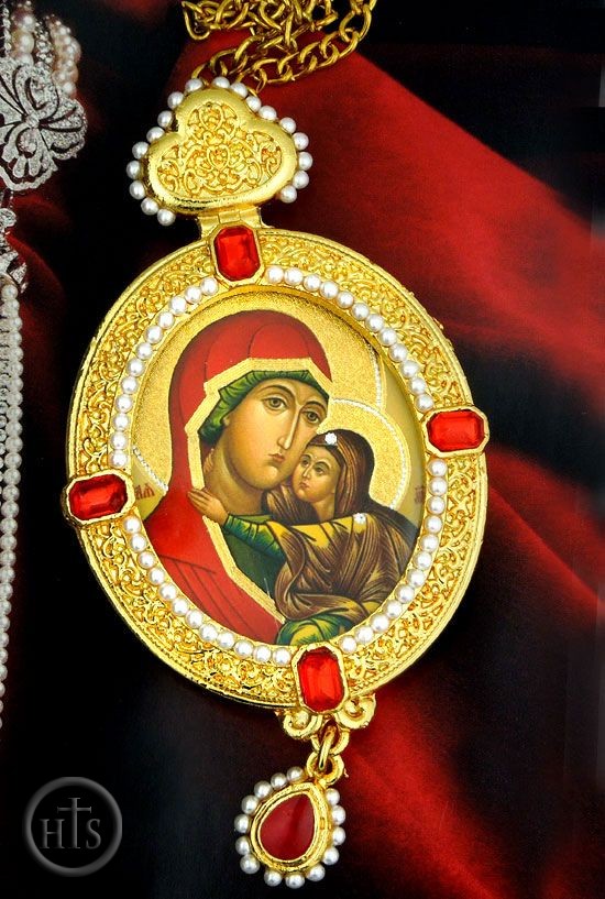 Product Picture - Virgin Mary and St. Anna, Oval Shaped Framed Icon Ornament with Pearls & Chain