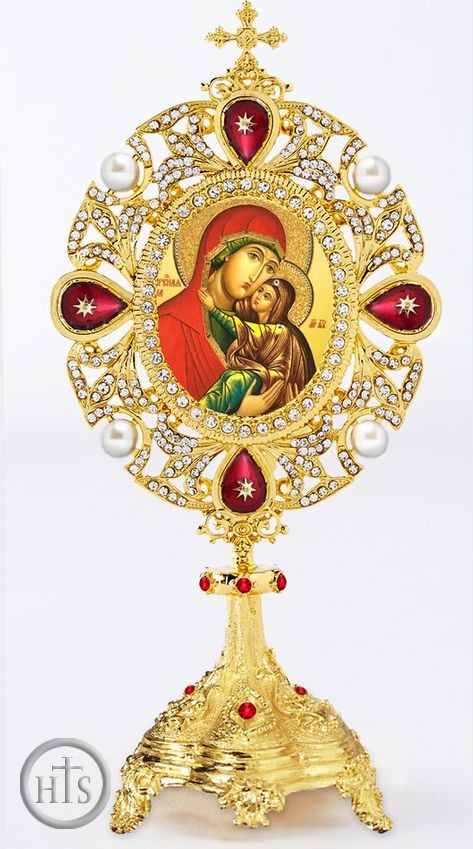 Product Pic - Saint Anna and Virgin Mary Icon in Pearl Jeweled Shrine - Monstrance Style