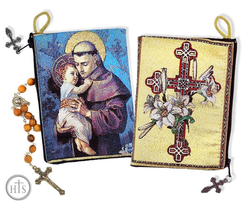 Product Picture - Saint Anthony with Child Jesus, Cross and Lilies, Rosary Pouch Case