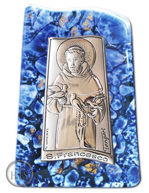 Product Image - St. Francis, Silver Icon on Murano Style Glass with Stand