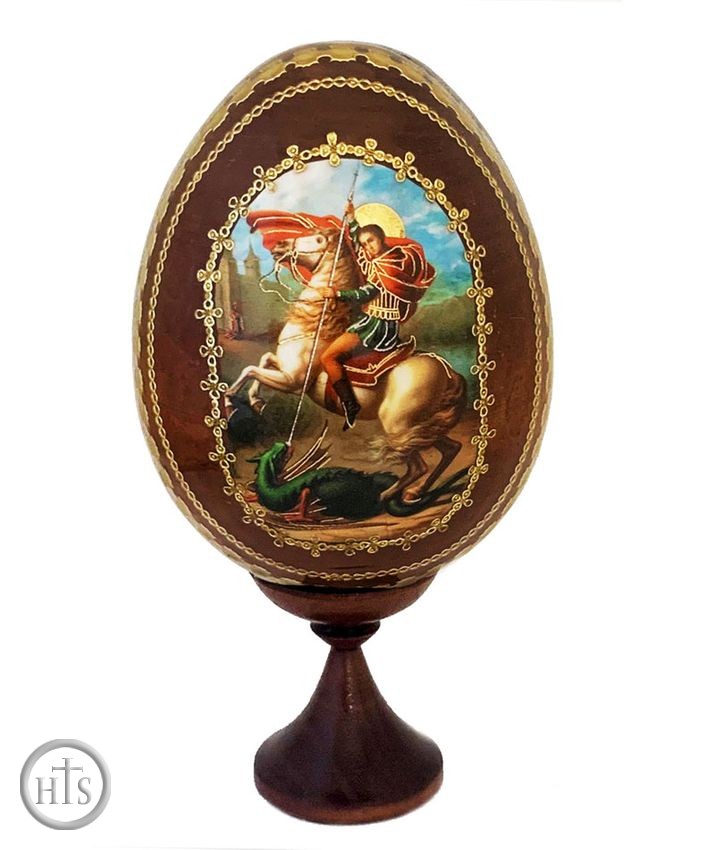 HolyTrinityStore Photo - Saint George, Wooden  Icon  Egg with Stand 