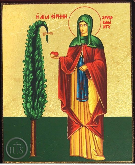 HolyTrinityStore Image - St. Irene Chrysovalantou, Serigraph Mini Icon,  Bronze Leaf