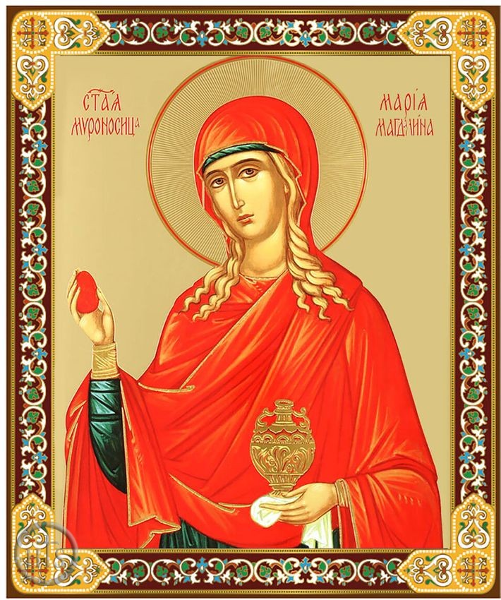 Product Photo - Saint Mary Magdalene and the Red Egg, Gold Foil Orthodox Icon with Stand 