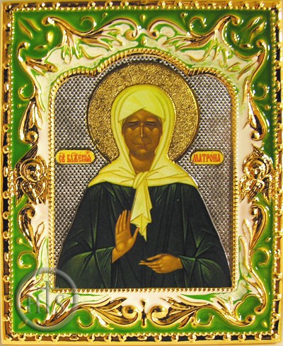 Product Pic - St. Matrona, Enamel Framed Mini Icon w/Stand 