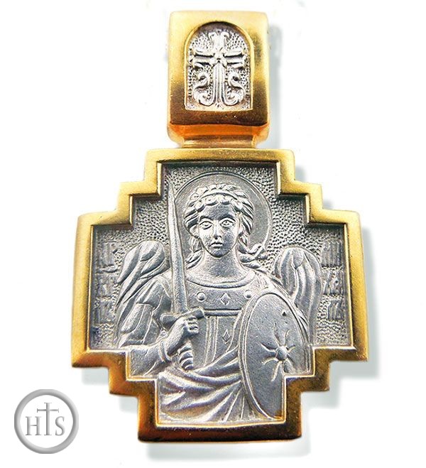 Product Pic - Archangel Michael, Reversible Cross,  Silver, Gold Plated, Small 