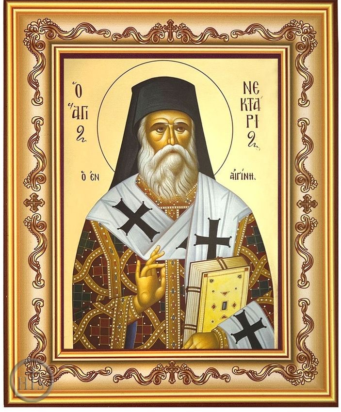 HolyTrinityStore Image - Saint Nektarios, Greek Byzantine Icon in Frame with Stand