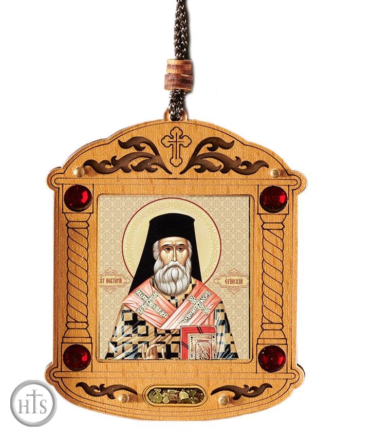 Image - Saint Nektarios, Wooden Icon Shrine Pendant Ornament on Rope