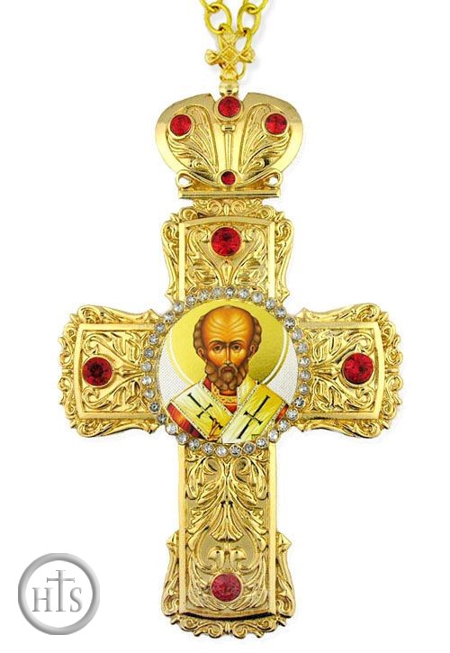 HolyTrinityStore Photo - Saint Nicholas, Faberge Style Framed Cross-Shaped Icon Pendant