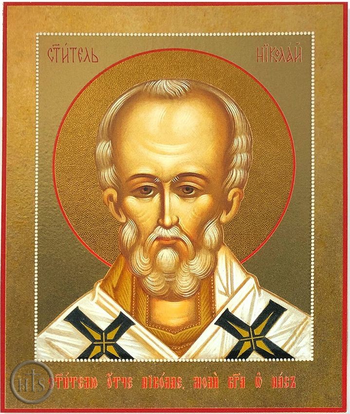 Product Photo - Saint Nicholas, Embossed Printing on Wood Gold Foil Orthodox  Icon