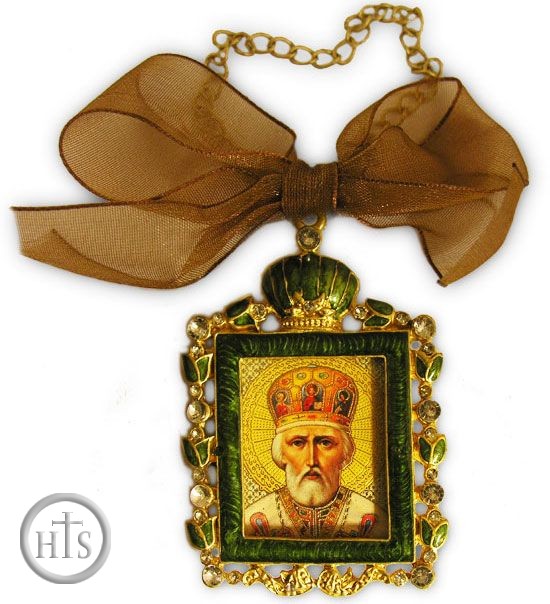 HolyTrinityStore Photo - St Nicholas Enamel Framed Icon Pendant, Faberge Style - IF-2GN-20