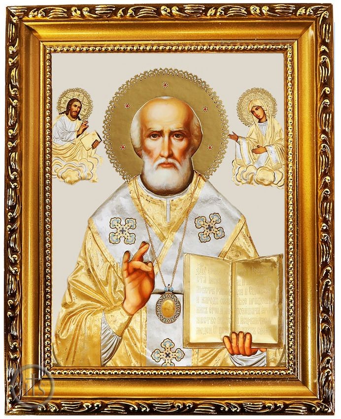 Picture - Saint Nicholas the Wonderworker, Wooden Frame Gold Foil Icon with Stand