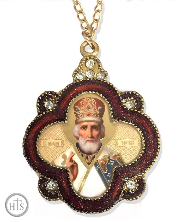 Product Image - Saint Nicholas,  Enamel Framed Ornament Icon  with Chain & Bow