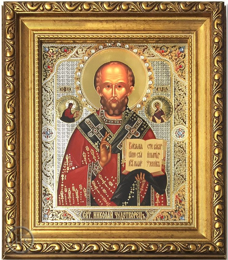 HolyTrinityStore Image - St Nicholas the Wonderworker, Framed Icon with Crystals & Glass 
