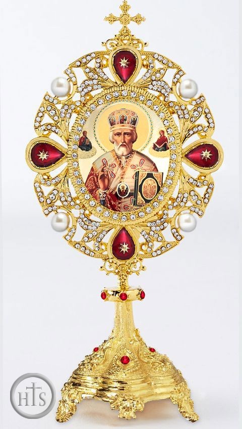 Product Photo - Saint Nicholas Icon in Pearl Jeweled Shrine - Monstrance Style