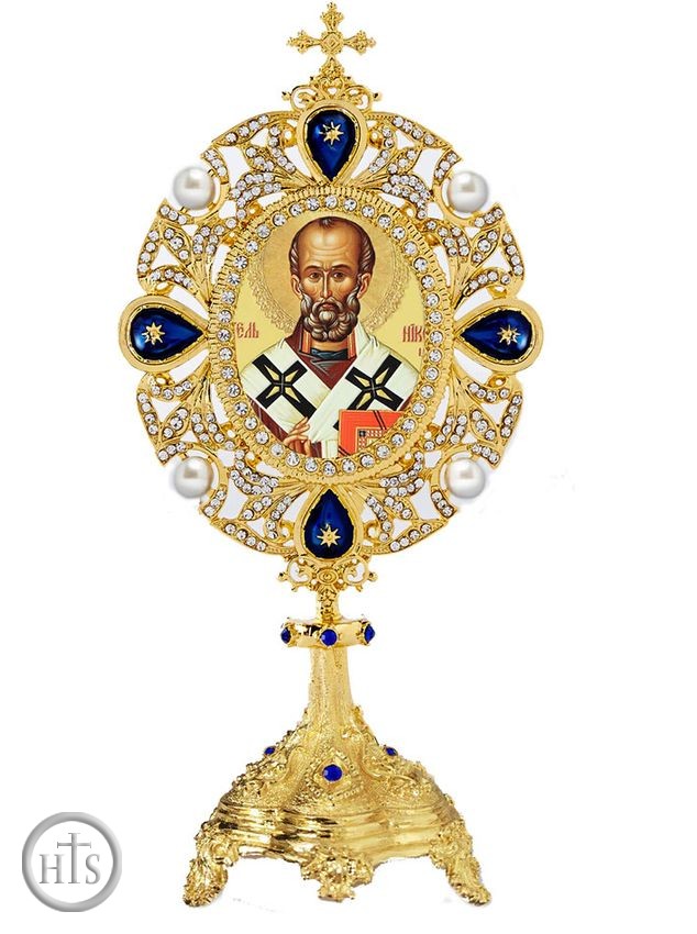 HolyTrinityStore Image - Saint Nicholas, Greek Icon in Jeweled Shrine, Blue Crystals