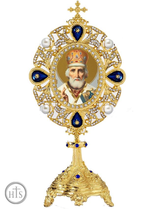 Product Pic - Saint Nicholas, Greek Icon in Jeweled Shrine, Blue Crystals