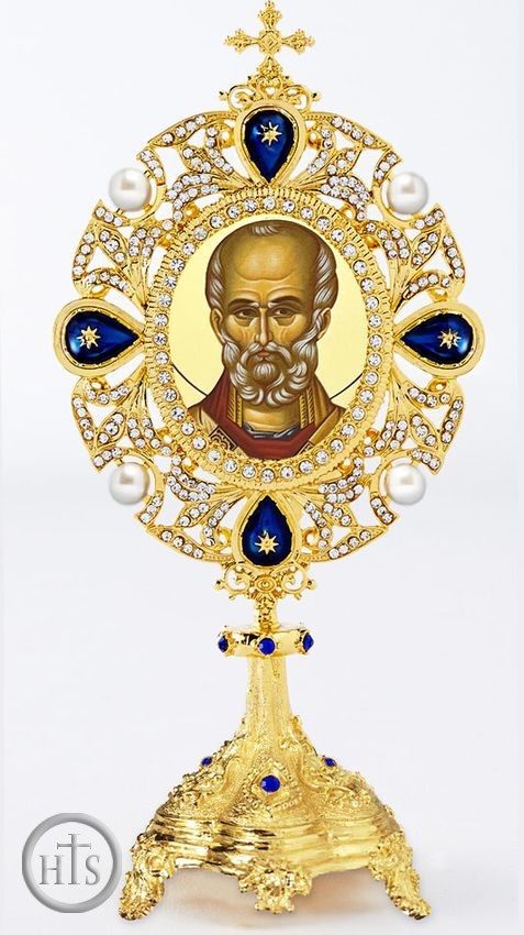 HolyTrinityStore Picture - Saint Nicholas, Greek Icon in Jeweled Shrine, Blue Crystals