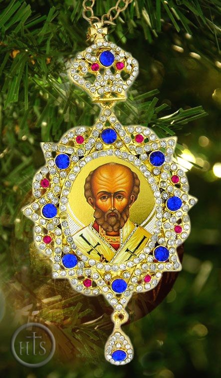 Photo - St Nicholas,  Framed Icon Pendant  With Crown & Chain in Panagia Style