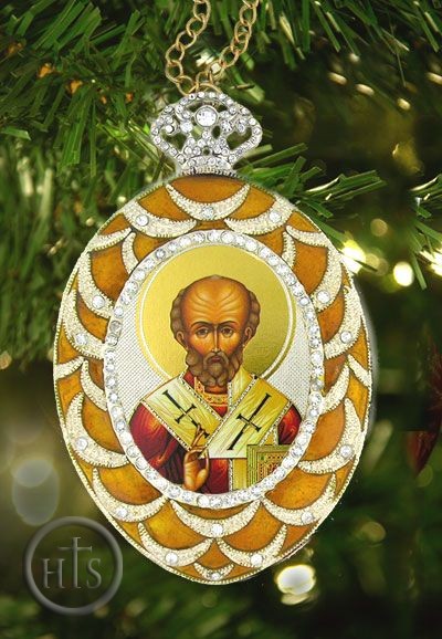Product Pic - St Nicholas, Egg Shaped  Framed Icon Pendant, Yellow
