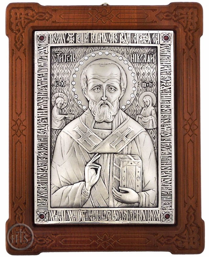 Product Image - St. Nicholas,  Silver Plated Orthodox Icon in Oak Wood Frame