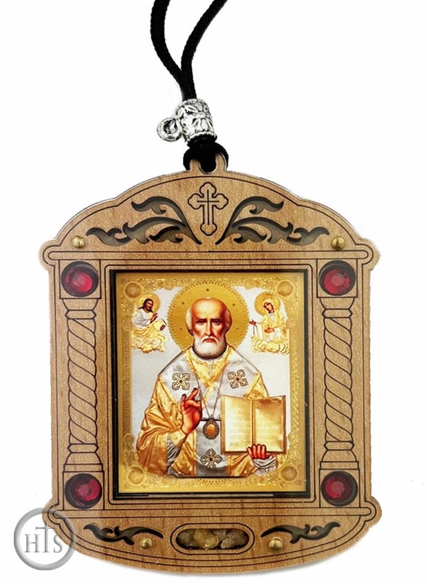 Product Image - Saint Nicholas, Wooden Icon Shrine Pendant  on Rope
