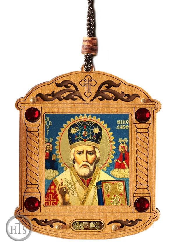 HolyTrinityStore Photo - Saint Nicholas, Wooden Icon Shrine Pendant Ornament on Rope