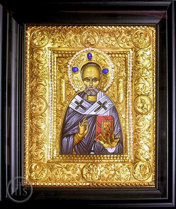 HolyTrinityStore Image - St Nicholas, Hand Decorated Framed Icon in Silver / Gold Plated Oklad 